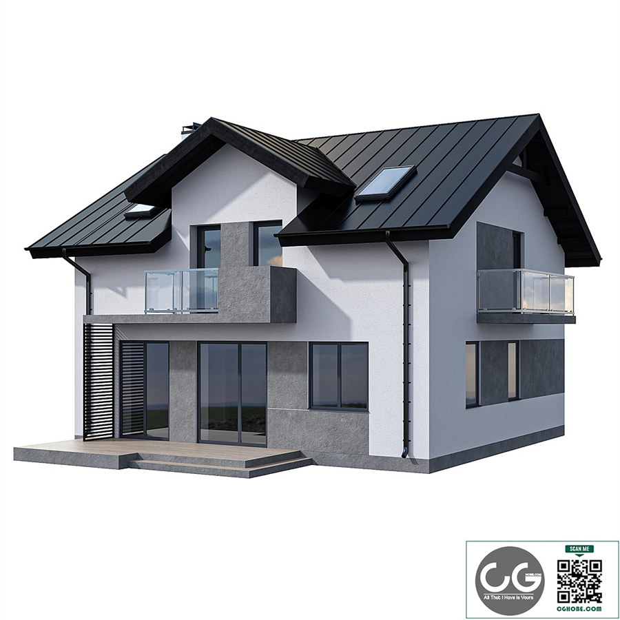 Modern two-storey cottage with two balconies and dormers