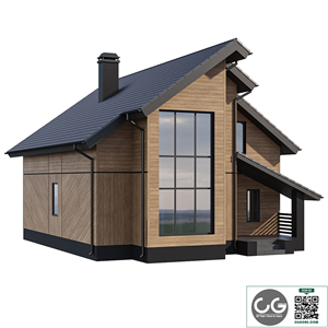 Two-storey wooden house with a complex pitched roof
