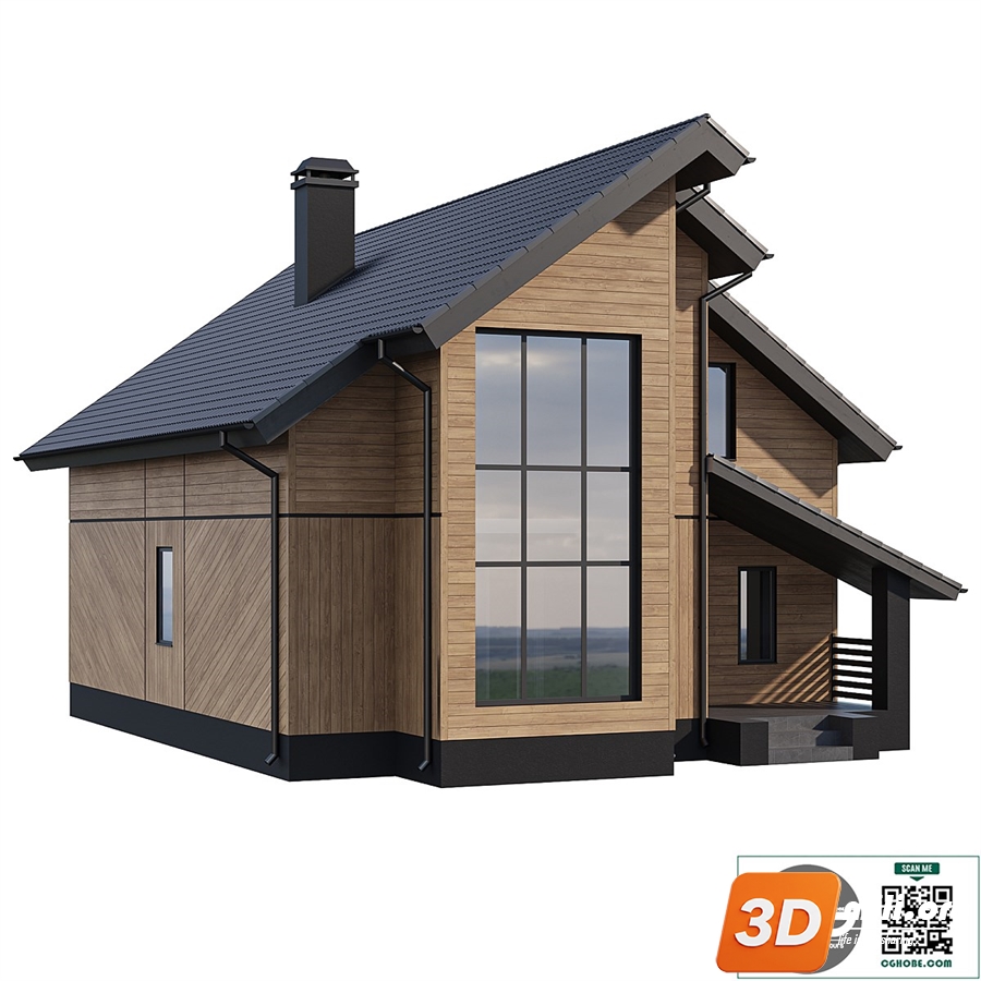 Two-storey wooden house with a complex pitched roof