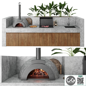 Outdoor kitchen with barbecue and pizza oven
